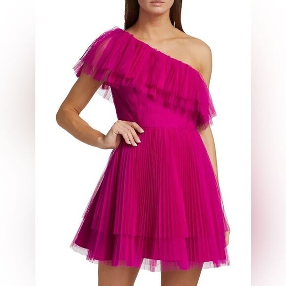 ML Monique Lhuillier One-Shoulder Tulle Pink Cocktail Dress size 10 - Picture 1 of 11